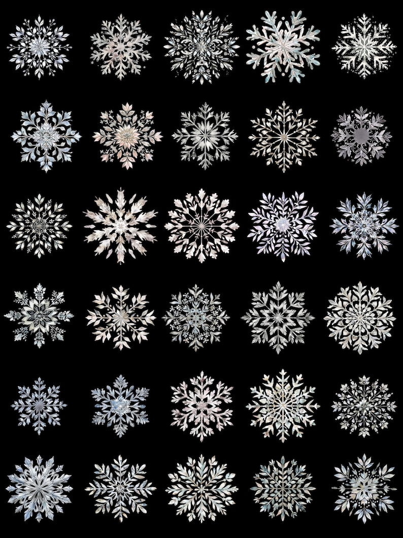 May include: A collection of detailed, silver-colored snowflake designs against a black background. Each snowflake has a unique, intricate pattern, with varying shapes and sizes. The snowflakes appear to be metallic or have a reflective quality, creating a shimmering effect.