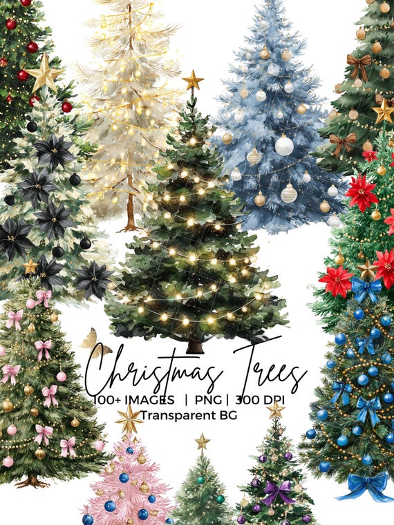 100+ Watercolor Christmas Trees PNG Clipart Large Bundle with Bow Ribbons: Brown, Gold, Pink, Blue, White, Black, Green, sublimation png