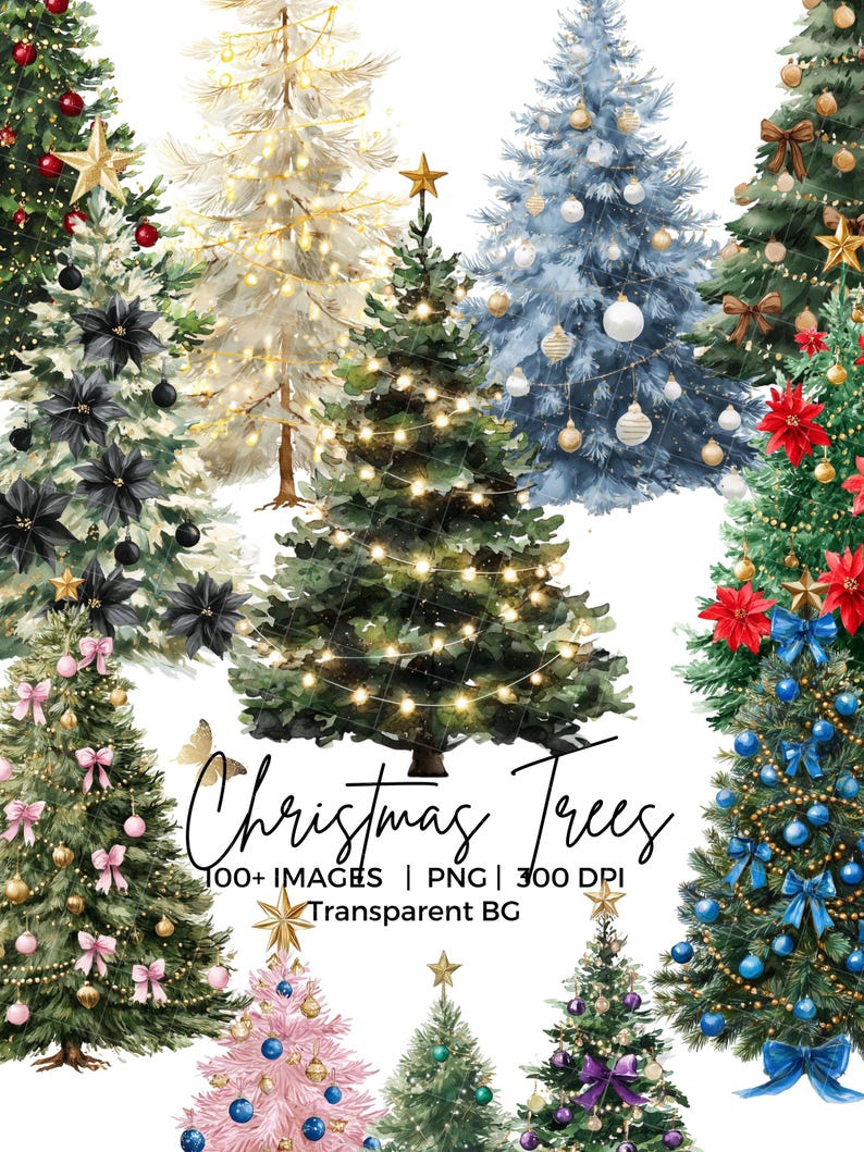 May include: A collection of watercolor Christmas trees in various styles, decorated with ornaments, bows, and lights. The image includes text that reads "Christmas Trees" and details about the image format.