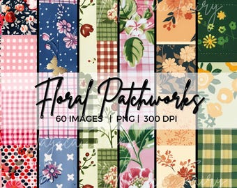 花のパッチワークシームレスパターン、花のグランドミレニアルパターン、クリスマスヴィンテージパターン、キルティングパターンPNGバンドルデジタルペーパー