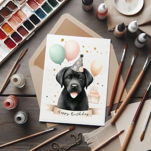Cartão de aniversário de labrador preto, cachorrinho fofo, cartão de aquarela de laboratório preto, presente para amantes de labrador, presente para proprietário de labrador, várias cores de envelope