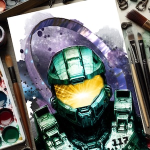 Master Chief Halo painting and prints, Mater Chief acrylic painting, various sizes, Halo fan art piece, gaming room, gaming gifts, poster