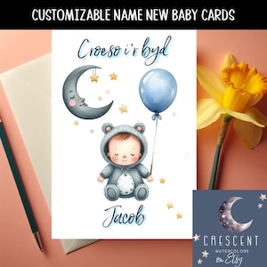 Tarjetas para bebé recién nacido en galés, tarjetas para bebé recién nacido en galés, personalizables con nombre e ilustradas en acuarela, tamaño A5, tarjetas para bebé recién nacido en galés