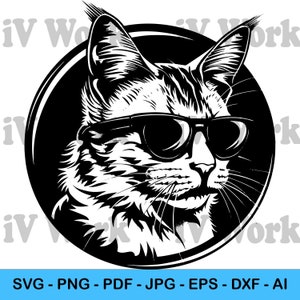 May include: Black and white illustration of a cat wearing sunglasses. The cat is looking to the right and has a serious expression. The cat is in a circle.
