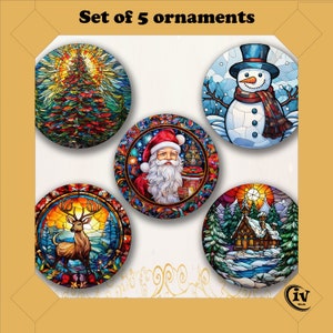 Ensemble de décorations de Noël en vitrail en téléchargement numérique Sublimation Design Noël rond ornement belle décoration de Noël cadeau