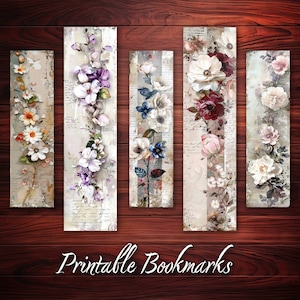 May include: Set of five printable bookmarks featuring floral designs with vintage-inspired backgrounds. Each bookmark has a different floral arrangement with a mix of white, purple, pink, and blue flowers. The bookmarks are labeled "Printable Bookmarks" at the bottom.