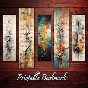 Può includere: Set di quattro segnalibri stampabili con disegni astratti ad acquerello con note musicali e un violino. I segnalibri sono etichettati "Segnalibri stampabili".