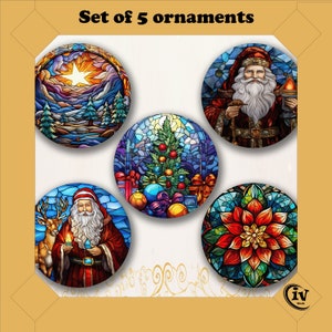 Ensemble de décorations de Noël en vitrail en téléchargement numérique Sublimation Design Noël rond ornement belle décoration de Noël cadeau