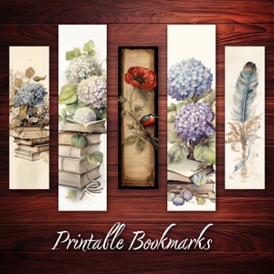 May include: Set of five printable bookmarks featuring floral and nature-inspired designs. The bookmarks include a stack of books with blue hydrangeas, a stack of books with white hydrangeas, a red poppy with a bird, a stack of books with purple hydrangeas, and a blue feather with a quill.