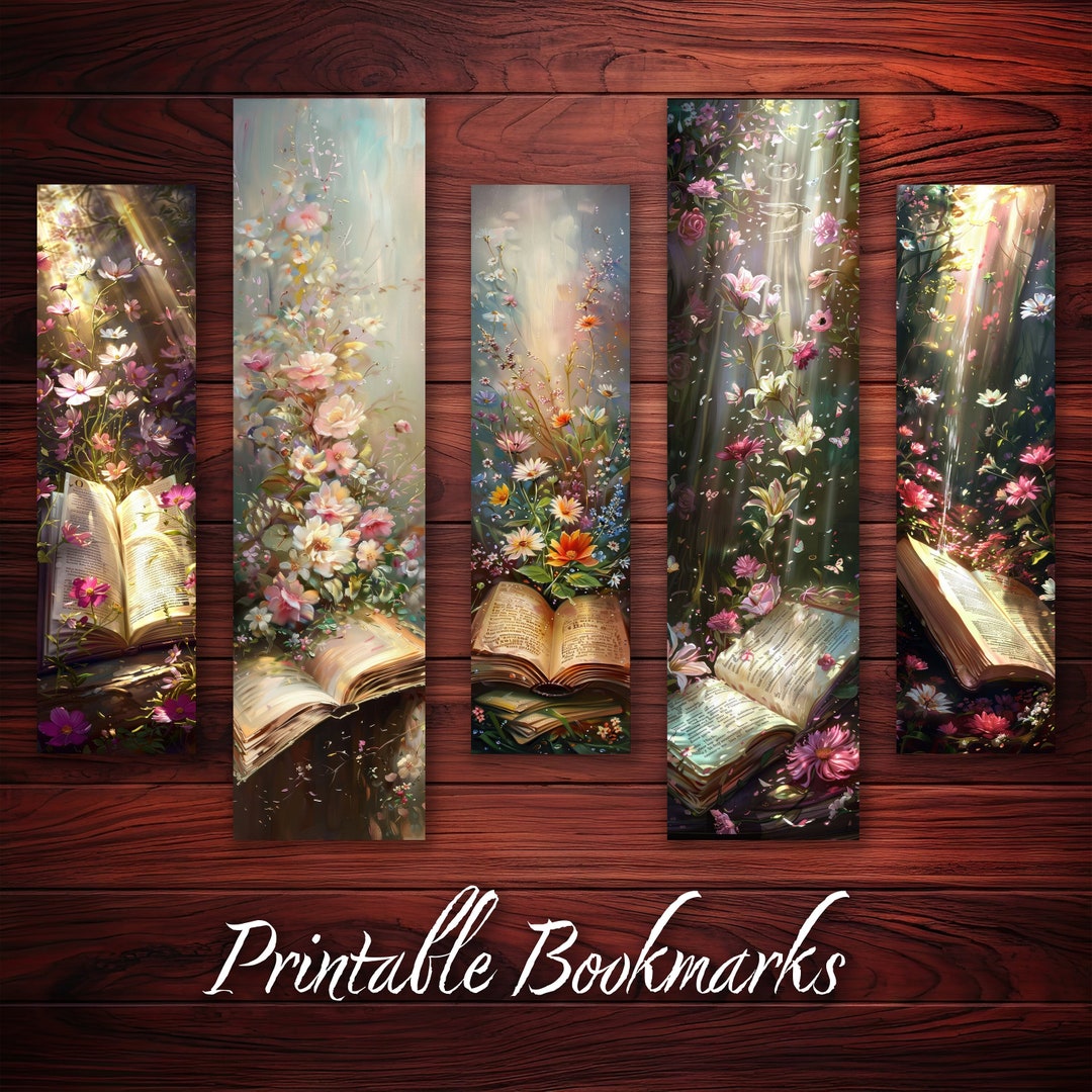 Bookmark Printable Set of 10 Open Book With Blooming Flowers Beautiful ...