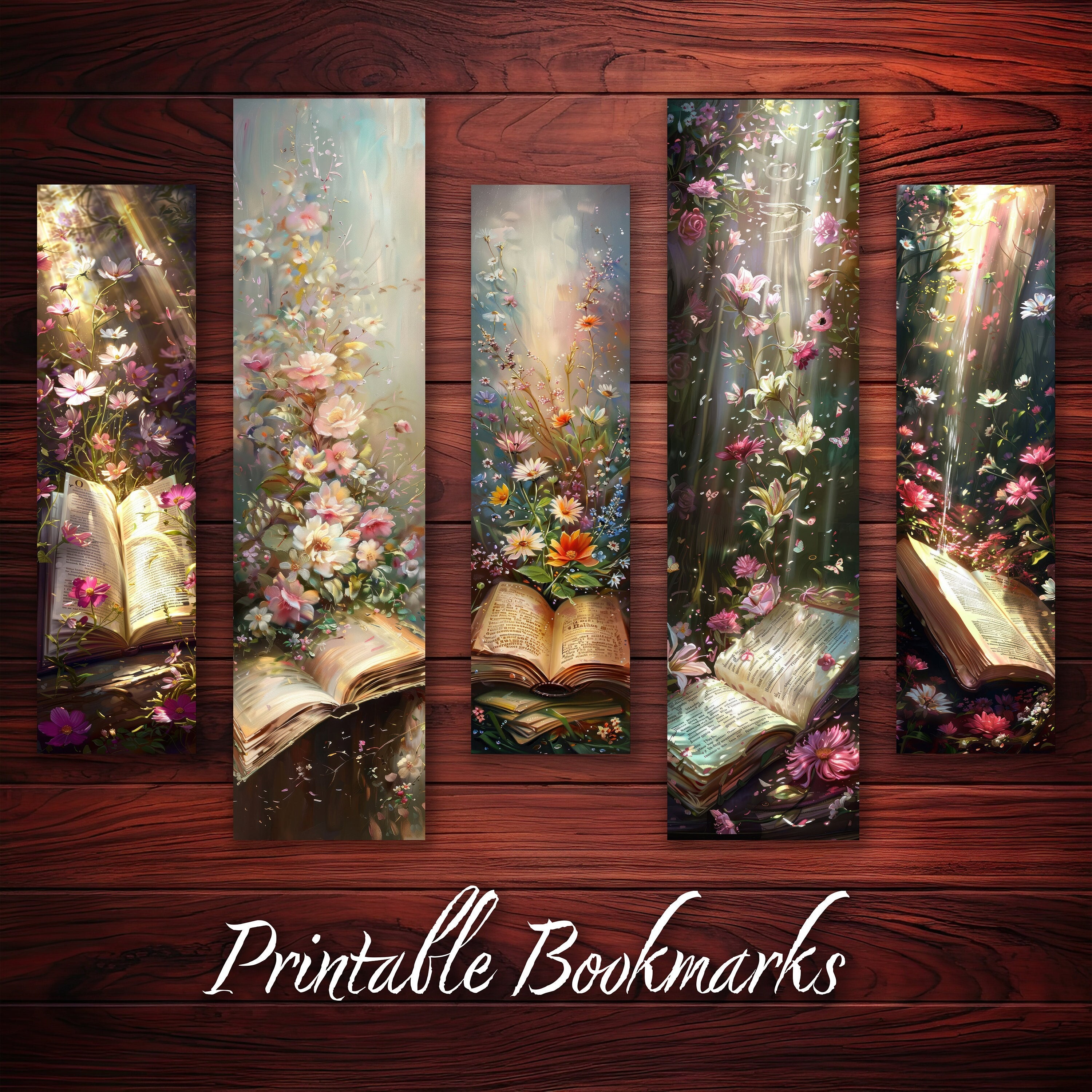 Bookmark Printable Set of 10 Open Book With Blooming Flowers Beautiful ...
