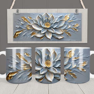 May include: Three white ceramic mugs with a design of a white flower with gold accents on a gray background.