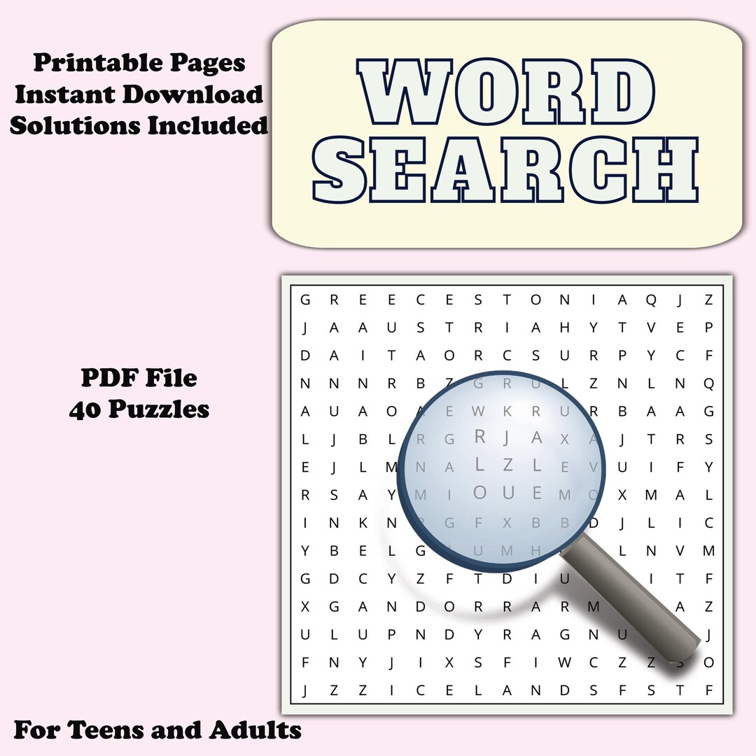 Word Search Puzzle European Theme for Adults & Teens – 40-page PDF