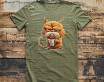 Lustige Katze PNG Design Mürrische Morgenkatze mit Kaffeetasse PNG Lustiger Katzenliebhaber Geschenk Design DIY Sublimation Basteln Idee Sofort Download