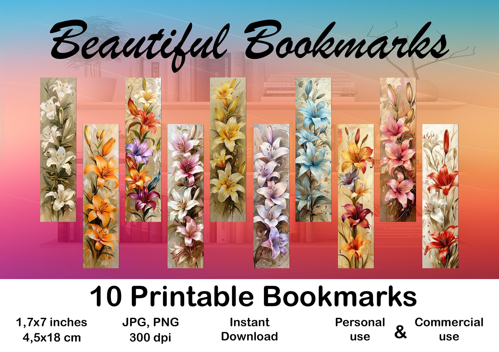 Beautiful Lilies Printable Bookmarks Set of 10 Book Lover Gift DIY Book ...