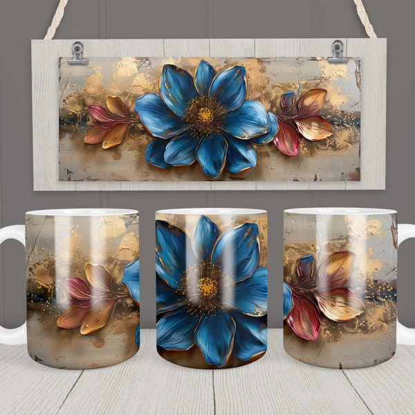 Blue Flower Mug Wrap 11oz 15oz Mug Template Flower Sublimation Design Instant Digital Download PNG DIY Deco Elegant Gold Mug + Free Gift