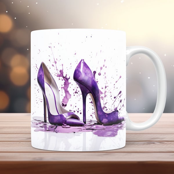 Haute Couture High Heels Coffee Mug Wrap 11oz & 15oz Sublimation Purple Paint Splash PNG Instant Download Modern Fashion Design Free Gift