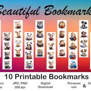 10 X Bookmarks digital Dog Bookmark for Booklovers Printable Cartoon Caracter Bookmark set digital Cat Bookmark Gift for Kid Print Bookmark
