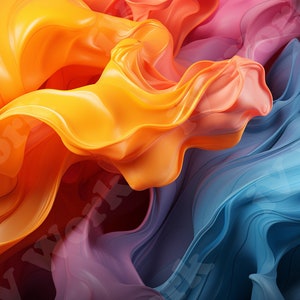 Pode incluir: Arte digital abstrata com tecido fluido e brilhante em cores vibrantes. A imagem apresenta formas dinâmicas em tons de laranja, rosa e azul, criando uma sensação de movimento e fluidez. A obra de arte tem uma aparência suave e polida.