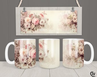 Vintage Flower Mug Wrap 11oz & 15oz Mug Template Shabby Chic Flower Deco Mug Sublimation Design Instant Download Coffee Mug Wrap + Free gift