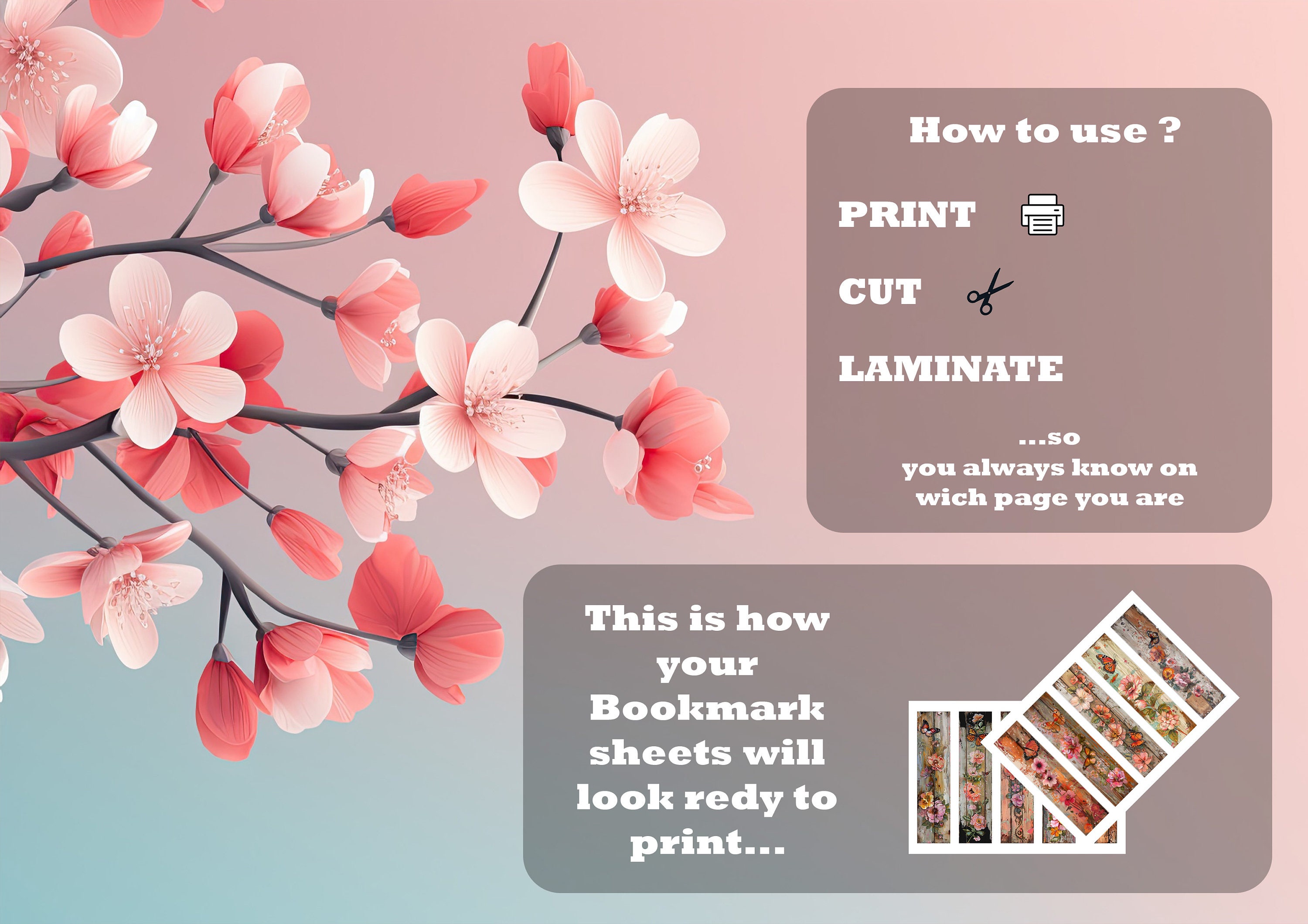 Bookmark Printable Set of 10 Vintage Flower & Butterfly on Wooden Plank ...