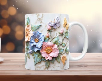 3D Floral & Butterfly Mug Wrap 11oz 15oz PNG Sublimation Design Instant Download DIY Gift Idea Deco Mug Elegant Marble Mug Wrap + Free Gift
