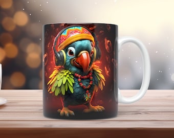 Cute Pirate Parrot 11oz & 15oz Mug Wrap Charming 3D Cartoon Sublimation Design with Headphones and Sneakers Instant Download with Free Gift