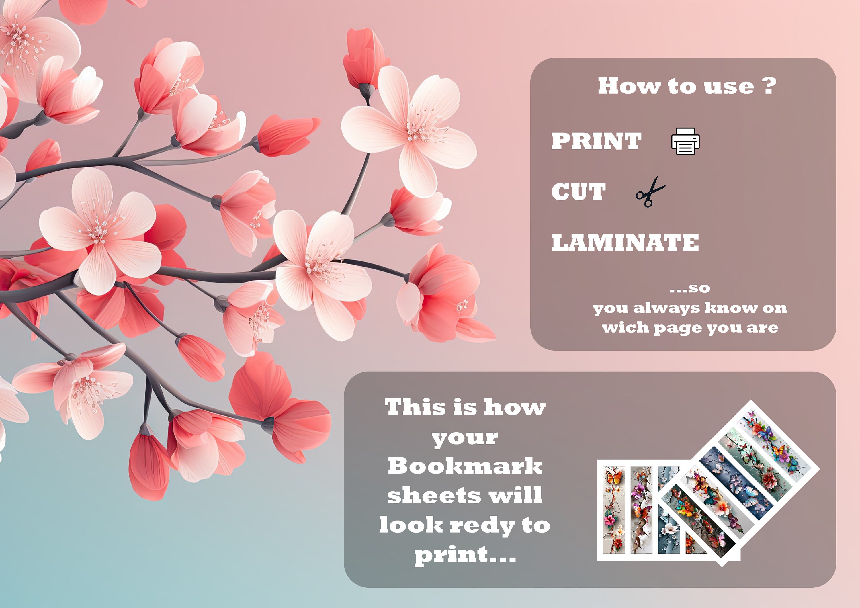 Bookmarks Printable Set of 10 for Book Lovers 3D Floral Butterfly ...