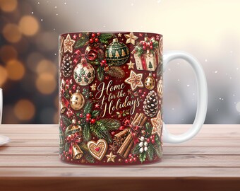 Burgunderrote Weihnachtstassen-Folie (PNG, 11 oz, 15 oz) mit Aquarell-Weihnachtsornamenten