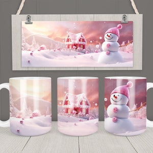 Winter Mug wrap 11oz & 15oz Mug Template Pink Snowman Mug Sublimation Design Instant Digital Download Coffee Mug Design Free gift