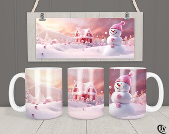 May include: White ceramic mugs with a winter scene featuring a pink house, snowman, and snowy landscape. The artwork is displayed on the mugs and a framed print, all with a soft, pastel color palette. The snowman wears a pink hat.