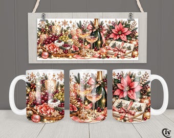 Christmas Mug Wrap PNG 11oz 15oz Pink Gold Elegant Holiday Sublimation Design