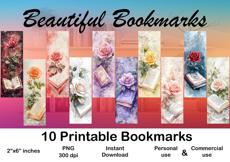 Vintage Watercolor Rose and Book Bookmark Printable Set of 10 ...