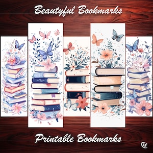 Beautiful printable book stack bookmarks set for book lover, book reader, bookworm gifts, book club, DIY gift idea, journaling, scrapbooking