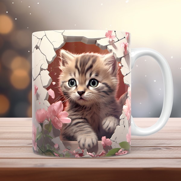 3D Cat Mug Wrap 11oz & 15oz Mug Template 3D Cat Mug Sublimation Design Instant Digital Download 3D  Coffee Mug Wrap Template + Free gift