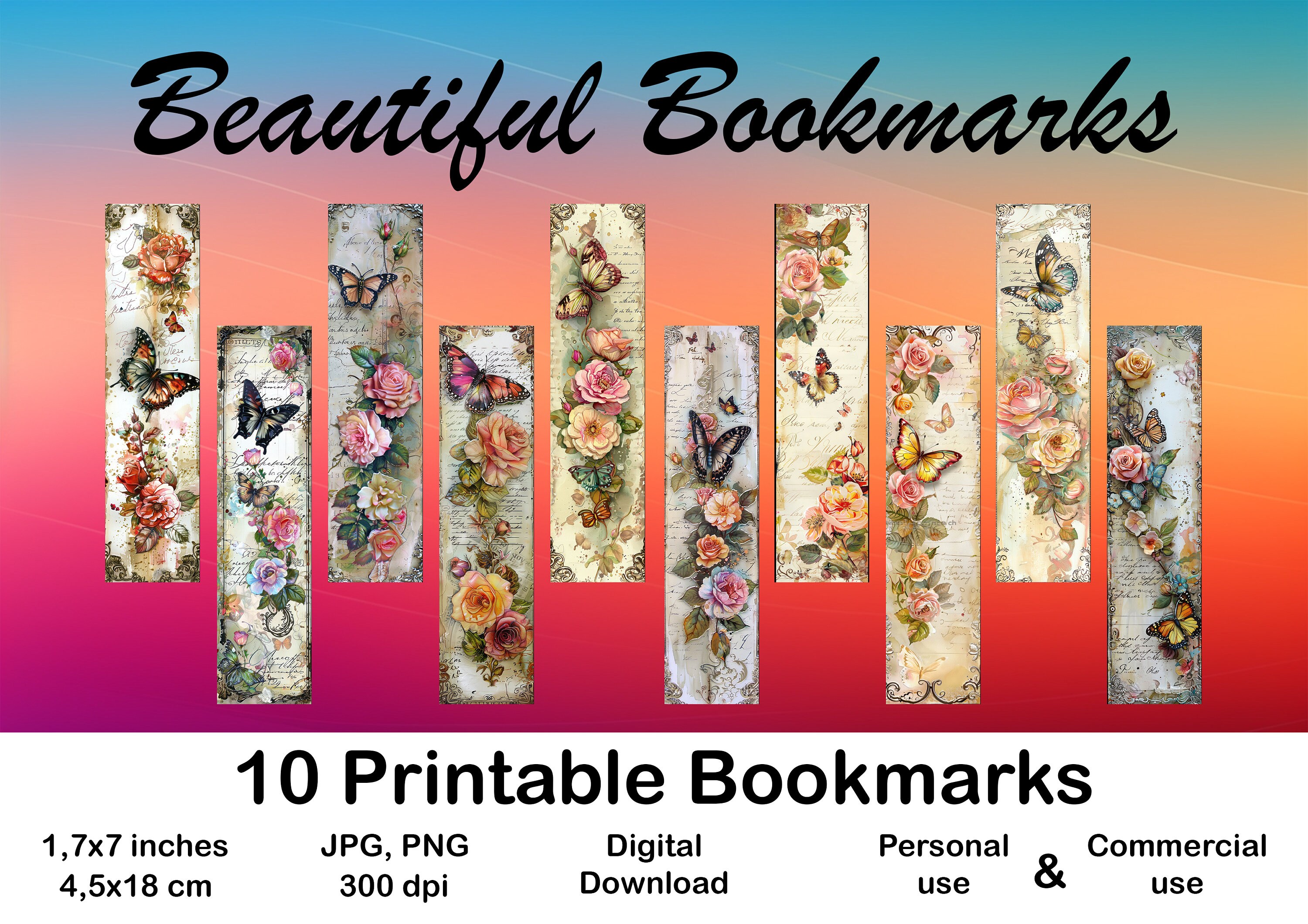 Junk Journal Page Bookmarks Set of 10 Printable Vintage Butterfly and ...