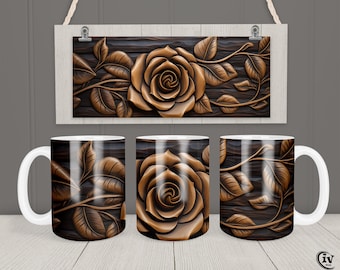3D Flower Mug Wrap 11oz & 15oz Mug Template Roses on Wood Mug Sublimation Design Instant Digital Download Coffee Mug Design Free gift