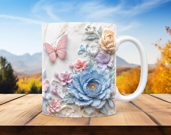 3D Floral & Butterfly Mug Wrap 11oz 15oz PNG Sublimation Design Instant Download DIY Gift Idea Deco Mug Elegant Marble Mug + Free Gift