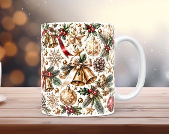 Elegante Weihnachtstassen-Verpackung (PNG, 11 oz/15 oz), Aquarell-Goldornamente, Festtagsmotiv