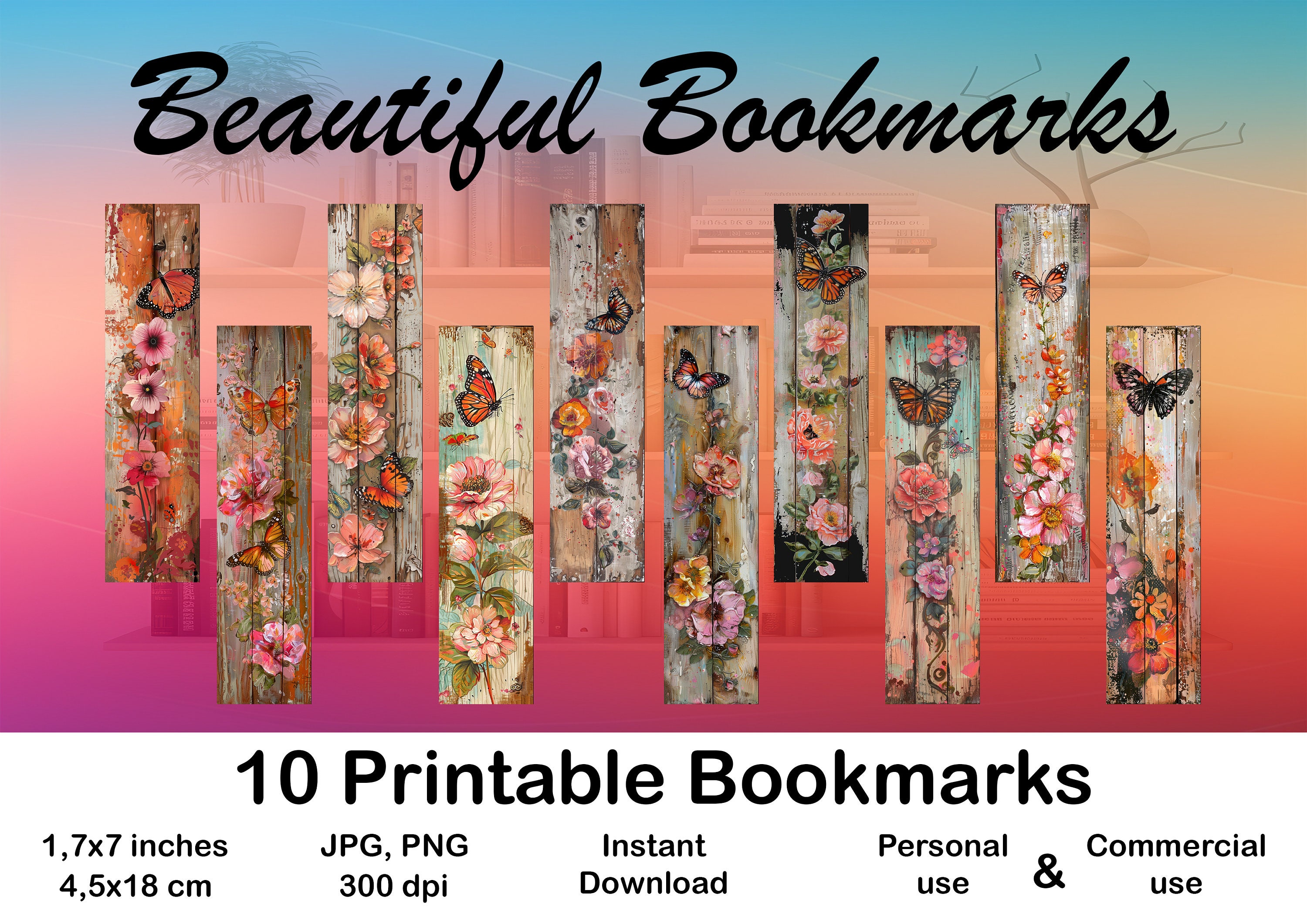 Bookmark Printable Set of 10 Vintage Flower & Butterfly on Wooden Plank ...