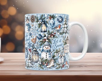 Winterwunderland-Tassenfolie (PNG, 11 oz/15 oz), eisblauer Schneemann, Aquarell, Winter-Sublimation