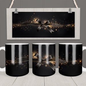 Bow Mug Wrap 11oz 15oz Mug Template Black Bow and Ribbon Mug Sublimation Design Instant PNG Download Coffee Mug Sparkling Design + Free gift