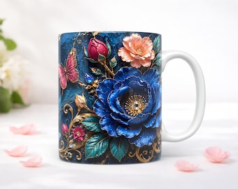 3D Floral Butterfly Mug Wrap PNG Luxury Sublimation Design 11oz 15oz Coffee Mug Template