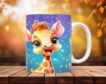 May include: White ceramic mug featuring a cartoon giraffe with large eyes, a smiling expression, and a colorful design. The giraffe has a yellow and orange spotted pattern. The background is a gradient of blue and purple with colorful confetti.