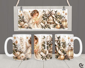 Christmas Angel Mug Wrap PNG 11oz 15oz White Gold Watercolor Sublimation Design | Free Bookmark