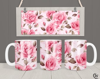 Roses Mug Wrap 11oz & 15oz Mug Template Pink Roses Mug Sublimation Design Instant Digital Download Flower Coffee Mug Wrap + Free gift