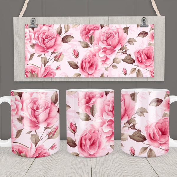 Roses Mug Wrap 11oz & 15oz Mug Template Pink Roses Mug Sublimation Design Instant Digital Download Flower Coffee Mug Wrap + Free gift