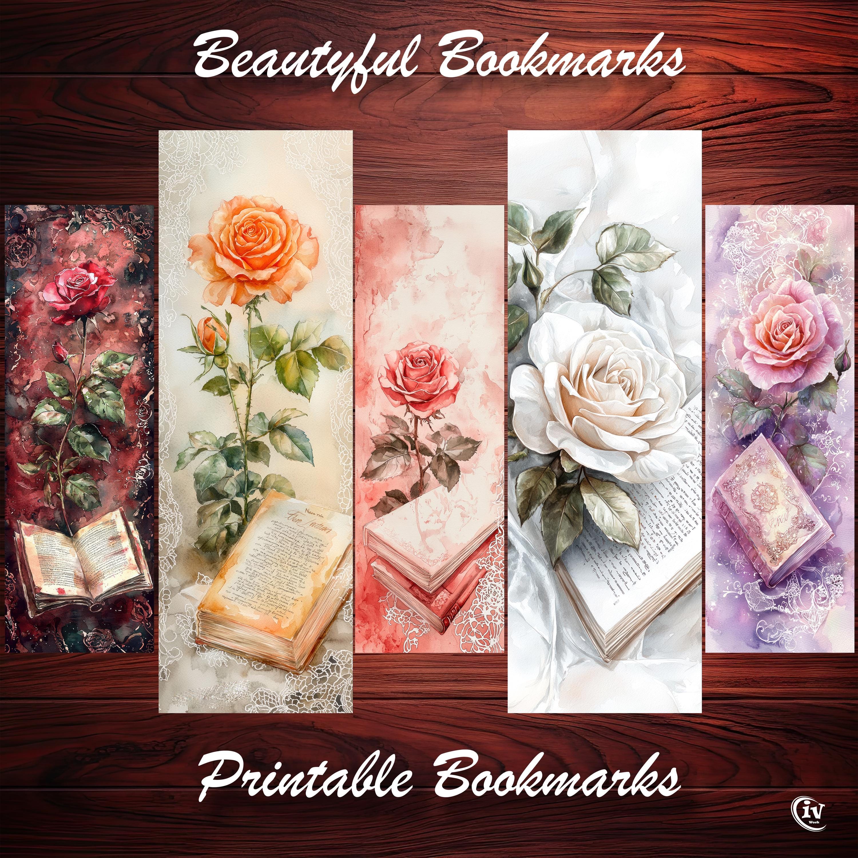 Vintage Watercolor Rose and Book Bookmark Printable Set of 10 ...
