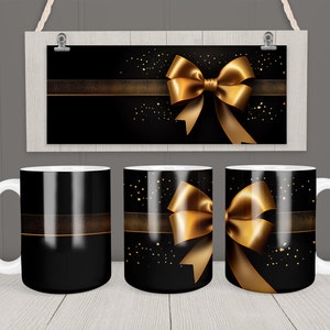 Gold Bow Mug Wrap 11oz & 15oz Template Deco Golden Bow and Ribbon Mug Sublimation Design Instant PNG Download Coffee Mug Design + Free gift