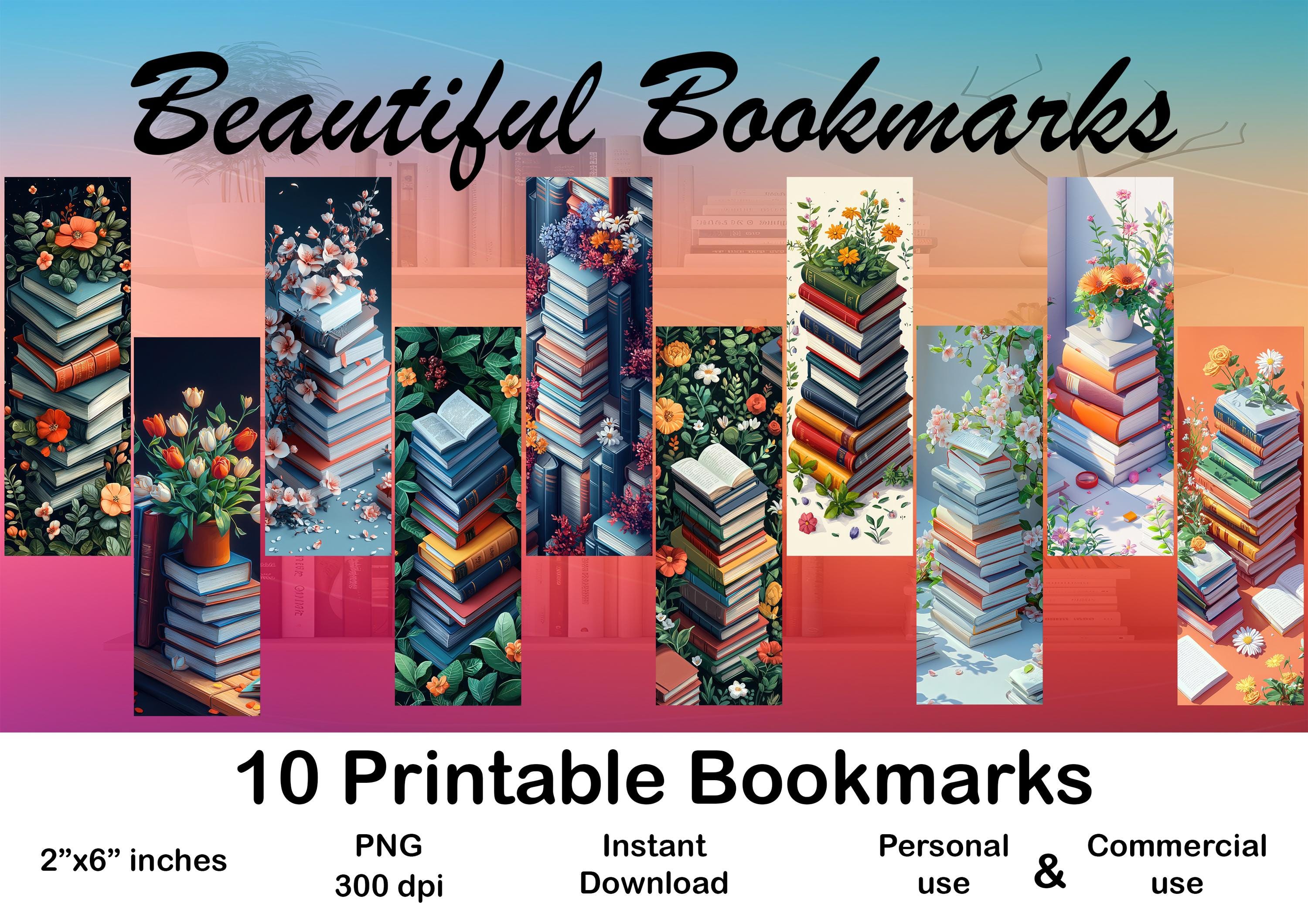 Floral Book Stack Bookmark Printable Set of 10 for Book Lover or Reader ...